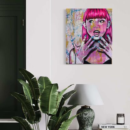 Pink painting of a woman with hot pink hair