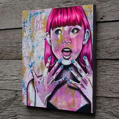 Pink painting of a woman with hot pink hair