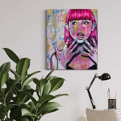 Pink painting of a woman with hot pink hair