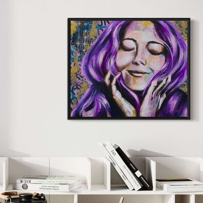 Purple and gold painting of a woman with eyes closed texture and purple hair