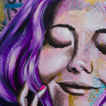 Purple and gold painting of a woman with eyes closed texture and purple hair