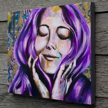 Purple and gold painting of a woman with eyes closed texture and purple hair