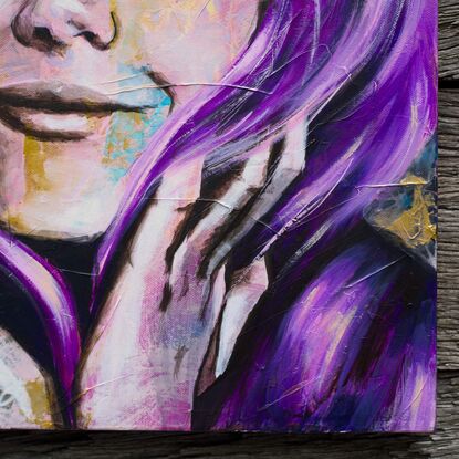 Purple and gold painting of a woman with eyes closed texture and purple hair