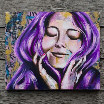 Purple and gold painting of a woman with eyes closed texture and purple hair