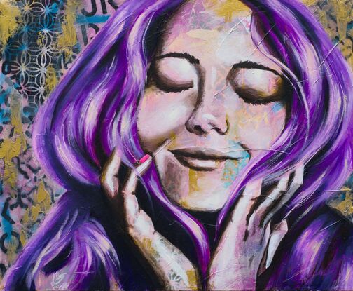 Purple and gold painting of a woman with eyes closed texture and purple hair