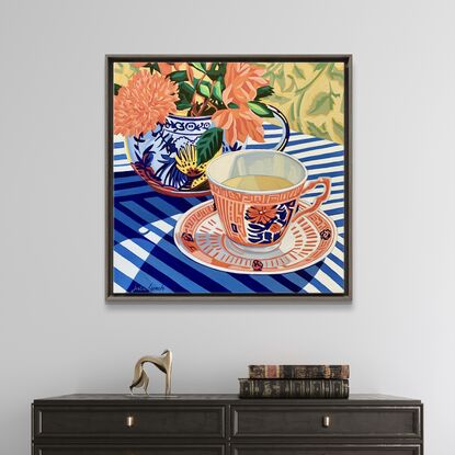 A still life painting of a vintage teacup with greenery,  greens, blues, yellows, white , pinks, oranges, reds  and greens