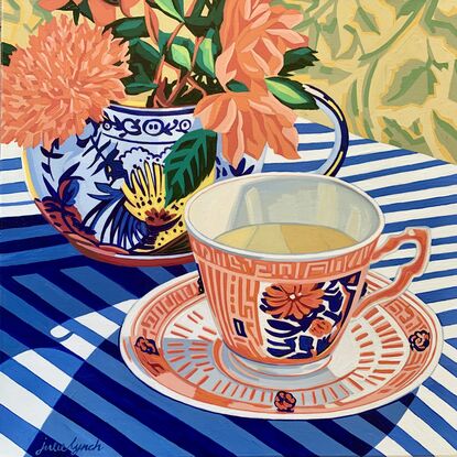 A still life painting of a vintage teacup with greenery,  greens, blues, yellows, white , pinks, oranges, reds  and greens