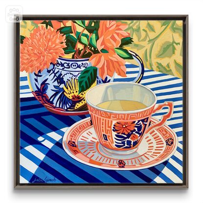 A still life painting of a vintage teacup with greenery,  greens, blues, yellows, white , pinks, oranges, reds  and greens