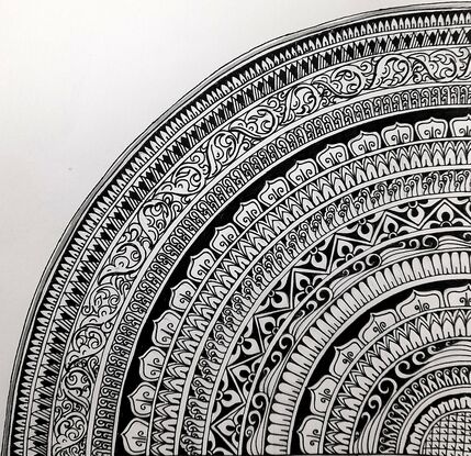 This is a pencil drawing with traditional decorations.