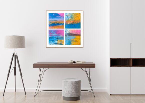 Ther are four artworks that make up the quartet of paintings. The dominant colours are blue, magenta and warm yellow. There is a strong horizontal direction occurring in each painting composition.