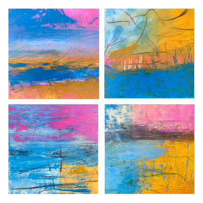 Ther are four artworks that make up the quartet of paintings. The dominant colours are blue, magenta and warm yellow. There is a strong horizontal direction occurring in each painting composition.