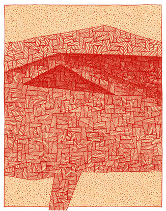 Red abstracted line art tree and head shape