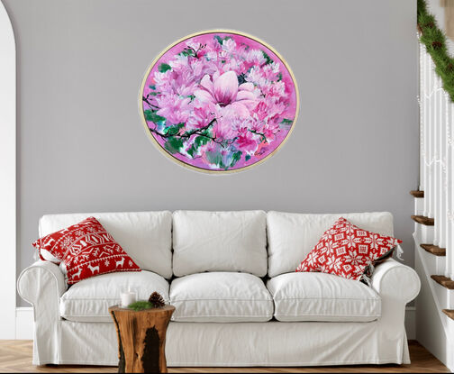 This circular canvas has 2 coats of liquid flow pour paint a decorative pallet of magenta pink and light pink and white ,and garden green submerged into the canvas creating a floral atmosphere back ground for these lovely Magnolia flowers
A liquid flow paint used with a brush for the second coat 
Hand painted the Magnolias for second coat 
Thirdly the surface is varnished with Matt clear to maintain the paintings Life 
Comes with a certificate Of Authenticity a unique design one off painting suitable for any room of the house , eg Bedroom Art ,bathroom Art ,study Art’
Ready to hang and free delivery 