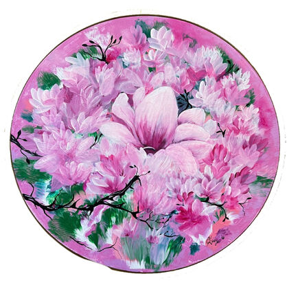 This circular canvas has 2 coats of liquid flow pour paint a decorative pallet of magenta pink and light pink and white ,and garden green submerged into the canvas creating a floral atmosphere back ground for these lovely Magnolia flowers
A liquid flow paint used with a brush for the second coat 
Hand painted the Magnolias for second coat 
Thirdly the surface is varnished with Matt clear to maintain the paintings Life 
Comes with a certificate Of Authenticity a unique design one off painting suitable for any room of the house , eg Bedroom Art ,bathroom Art ,study Art’
Ready to hang and free delivery 