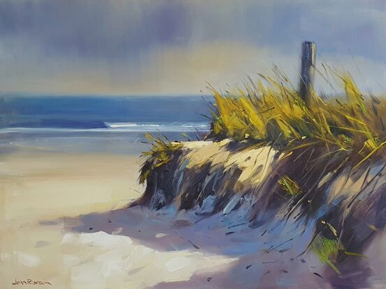 I was captivated by the sun hitting a single spot on a quiet beach and just had to paint it