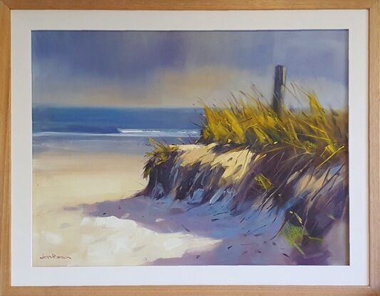 I was captivated by the sun hitting a single spot on a quiet beach and just had to paint it