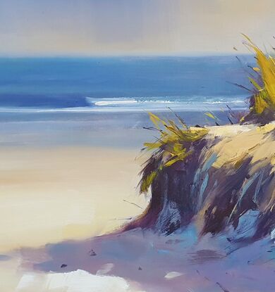 I was captivated by the sun hitting a single spot on a quiet beach and just had to paint it