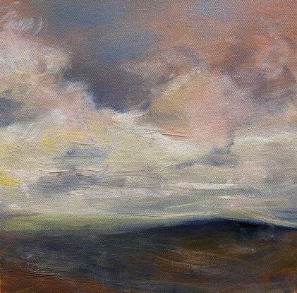 Landscape painted with expressive brushstrokes, painterly texture, using light blues and pink tones,  sunset scene.