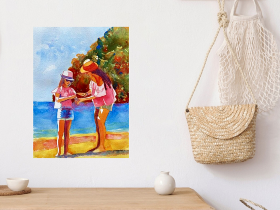 "Sunlit Moments" by Christine Beard captures a tender interaction between a mother and daughter on a bright summer day at the beach. This watercolor painting beautifully showcases the warmth of the sun and the close bond shared in a simple yet meaningful moment. With vivid colors and a serene coastal background, this artwork evokes feelings of joy, family connection, and the tranquility of seaside life, making it a perfect piece for those who cherish the beauty of family and nature.





