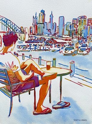 "Relaxed Views at Darling Harbour" by Christine Beard encapsulates a peaceful moment of solitude and contemplation, as a figure leisurely enjoys a drink while taking in the iconic Sydney skyline and the grandeur of the Sydney Harbour Bridge. This watercolor painting beautifully blends vibrant urban architecture with the serenity of waterfront life, offering a vivid portrayal of modern city living. Perfect for lovers of Sydney's urban beauty and those who appreciate the peaceful moments amidst a bustling city, this artwork is a stunning addition to any collection.





