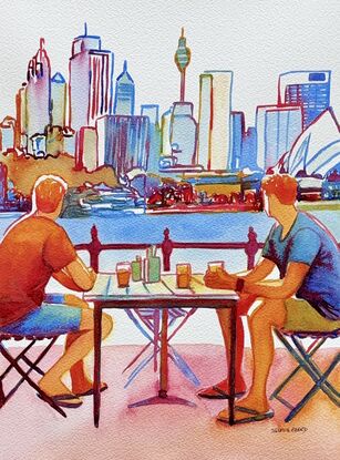 "Sydney Skyline Conversations" by Christine Beard captures a serene moment shared between two figures seated at an outdoor café, with the iconic Sydney skyline serving as a vibrant backdrop. The watercolor painting beautifully renders the dynamic cityscape, including the Sydney Opera House and Sydney Tower, in a palette of rich, inviting colors. This artwork is a perfect blend of urban life and human connection, making it a must-have piece for anyone who appreciates the charm and vibrancy of Sydney's cityscape. Whether you're a lover of Australian art, city scenes, or social moments, this painting will bring a touch of modern life and cultural essence to your space.





