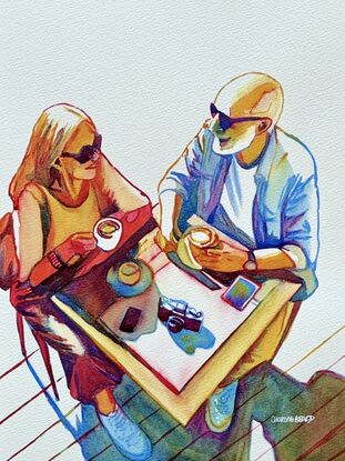 "Café Conversations" by Christine Beard is a lively watercolor painting that captures the essence of a casual yet meaningful moment shared between two individuals. Set in a café, the artwork depicts a man and a woman engaged in conversation over cups of coffee, their accessories—a camera and a smartphone—hinting at a modern-day connection. The vibrant colors and the interplay of light create a warm and inviting atmosphere, making this piece a vivid representation of contemporary social interaction. This artwork beautifully blends realism with abstract elements, making it an ideal addition for those who appreciate modern art with a focus on human connection in everyday settings.




