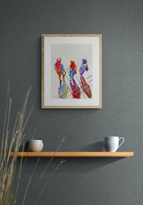 "Walking Together" by Christine Beard is a dynamic watercolor painting that captures the simplicity and beauty of shared moments. The artwork portrays three individuals walking side by side, their shadows stretching across the ground in a vibrant array of colors. The use of bold hues and the interplay of light and shadow bring a sense of movement and energy to the piece, highlighting the theme of companionship and togetherness. This modern figurative work is a striking representation of human connection, making it a perfect addition to any collection that appreciates contemporary art with a touch of abstract realism.




