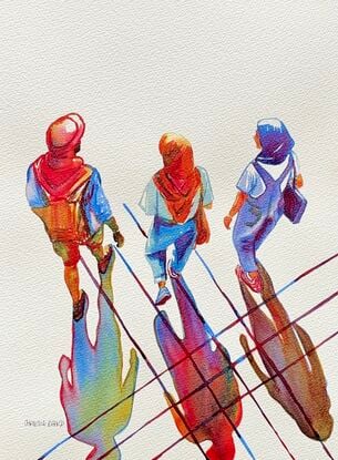 "Walking Together" by Christine Beard is a dynamic watercolor painting that captures the simplicity and beauty of shared moments. The artwork portrays three individuals walking side by side, their shadows stretching across the ground in a vibrant array of colors. The use of bold hues and the interplay of light and shadow bring a sense of movement and energy to the piece, highlighting the theme of companionship and togetherness. This modern figurative work is a striking representation of human connection, making it a perfect addition to any collection that appreciates contemporary art with a touch of abstract realism.




