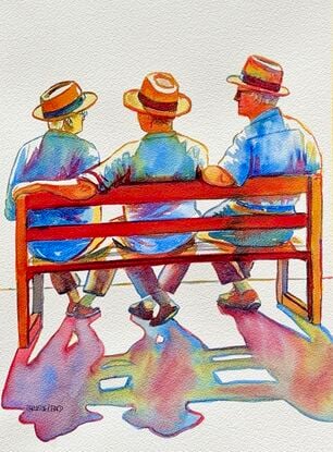 "Friends on a Bench" by Christine Beard is a captivating watercolor painting that captures the essence of companionship and shared moments. This artwork portrays three elderly friends sitting together on a bench, engaged in a relaxed conversation. The vibrant colors and detailed expressions reflect the warmth of their connection and the comfort found in long-lasting friendships. The scene is bathed in sunlight, with shadows extending from the figures, adding depth and a sense of timelessness to the piece. This painting is a beautiful celebration of friendship and the simple joys of life, making it a perfect addition to any collection of contemporary figurative art.




