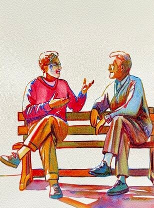 "Engaging Discussion" by Christine Beard is a vibrant watercolor painting that captures a lively conversation between two individuals seated on a bench. The artwork beautifully illustrates the dynamics of human interaction, with one figure animatedly speaking while the other listens intently. The use of bold colors and expressive brushstrokes highlights the energy and warmth of the moment, reflecting the joy of shared experiences and meaningful dialogue. This piece is a poignant portrayal of connection and communication, making it a compelling addition to any collection of contemporary figurative art.


