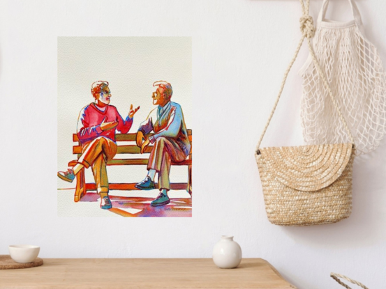 "Engaging Discussion" by Christine Beard is a vibrant watercolor painting that captures a lively conversation between two individuals seated on a bench. The artwork beautifully illustrates the dynamics of human interaction, with one figure animatedly speaking while the other listens intently. The use of bold colors and expressive brushstrokes highlights the energy and warmth of the moment, reflecting the joy of shared experiences and meaningful dialogue. This piece is a poignant portrayal of connection and communication, making it a compelling addition to any collection of contemporary figurative art.


