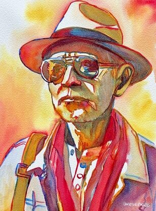 "Reflections of Wisdom" by Christine Beard is a captivating watercolor portrait that beautifully captures the essence of life experience. The painting features an elderly man wearing reflective sunglasses, which subtly mirror the world around him, symbolizing a life full of stories. The use of vibrant colors and detailed brushstrokes brings out the character’s depth, with sunlight and shadows playing across his face, enhancing the mood of the piece. This artwork is a poignant tribute to the wisdom and dignity that come with age, making it a striking addition to any collection of contemporary portraiture.




