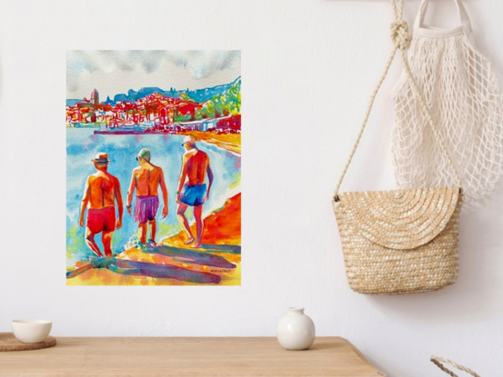 "Seaside Stroll" by Christine Beard is a vibrant watercolor painting that captures the simple pleasure of a walk along the beach. Three figures, bathed in the warm sunlight, leisurely stroll along the shore, with the colorful backdrop of a charming coastal town in the distance. The painting's vivid colors and dynamic composition evoke a sense of warmth, relaxation, and the joy of a summer day spent by the sea. This artwork beautifully encapsulates the essence of a peaceful coastal experience, making it a perfect piece for anyone who cherishes the beauty of seaside moments.