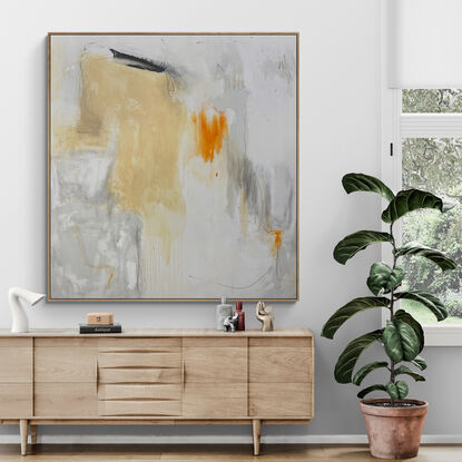 neutral and subtle warm tones blended with areas beige, apricot,  orange and dark grey expressive marks across an extra large canvas