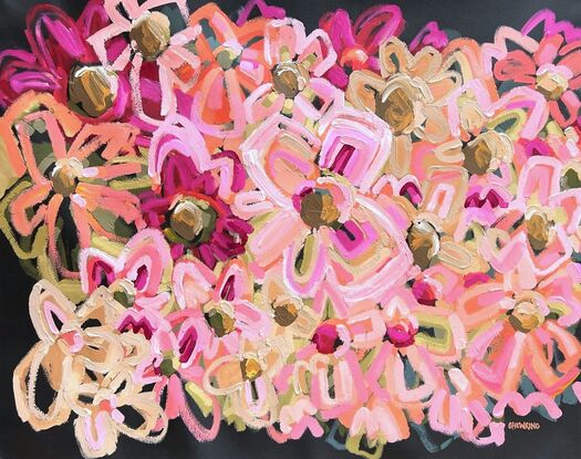 An abstract floral artist quality print in pink, earthy and green tones with a warm charcoal coloured background and timber frame.