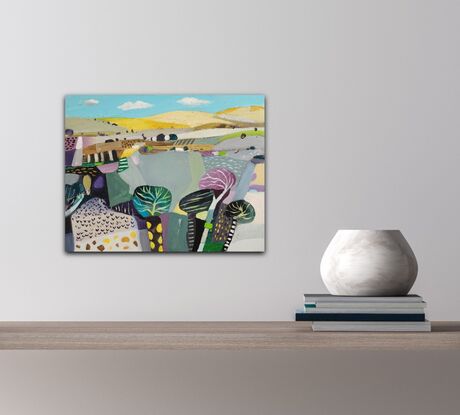 A Whimsical Decorative abstract landscape with  Mountains surrounding a lake.
