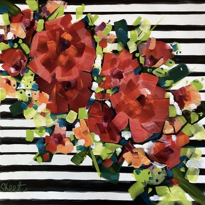 Red abstract floral  on a black and white stripe background