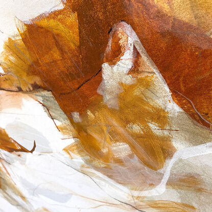 bold marks in  warm earthy beige, ochre , brown, white and grey across the canvas suggestive of landscape of valleys and open spaces made from large expressive painterly marks