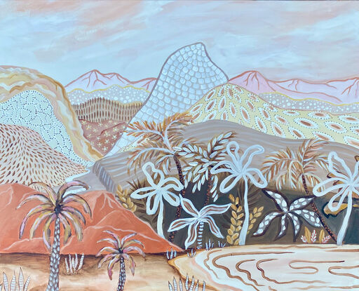 A landscape in brown, eathy tones with a lake at the front of the picture, lots of mountains in the background all filled with various patterns. A windy road can be seen disappearing between the mountains in the distance. Abstract and bold palm trees are surrounding the lake.