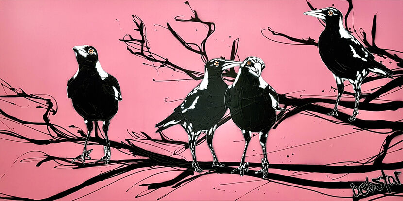 4 magpies sitting on a branch pink