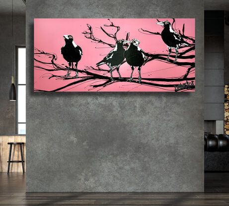 4 magpies sitting on a branch pink