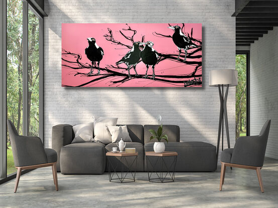 4 magpies sitting on a branch pink