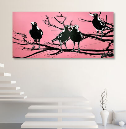 4 magpies sitting on a branch pink