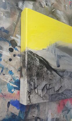 A small abstract landscape in shades of yellow and grey oil paint.