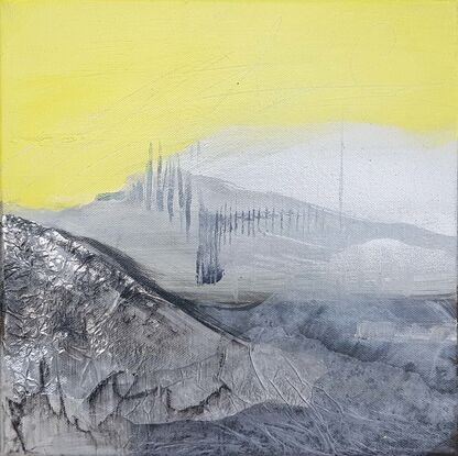 A small abstract landscape in shades of yellow and grey oil paint.