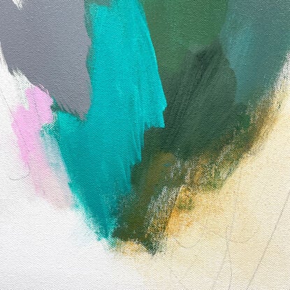 Subtle tones in green, pink, white, grey, ochre, beige and neutral tones combined with large expressive pencil and paint marks, across the canvas surface. 