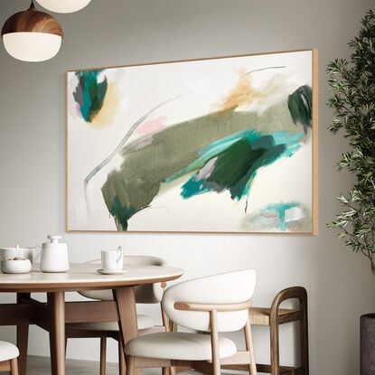 Subtle tones in green, pink, white, grey, ochre, beige and neutral tones combined with large expressive pencil and paint marks, across the canvas surface. 