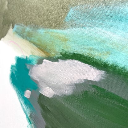 Subtle tones in green, pink, white, grey, ochre, beige and neutral tones combined with large expressive pencil and paint marks, across the canvas surface. 