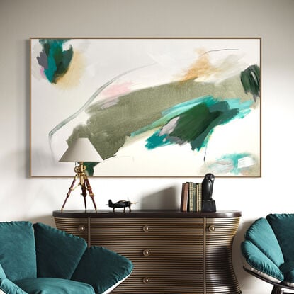 Subtle tones in green, pink, white, grey, ochre, beige and neutral tones combined with large expressive pencil and paint marks, across the canvas surface. 