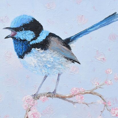 Thickly textured painting of a pair of singing Superb Fairy Wrens. One, a brown female and the other a brilliant blue male. They are perched on a pink blossom tree branch.